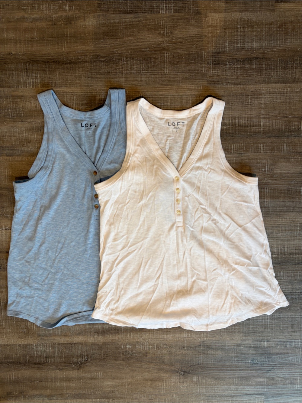 LOFT Ribbed Button-Front Tank Pair in White and Light Blue - Picture 2 of 4